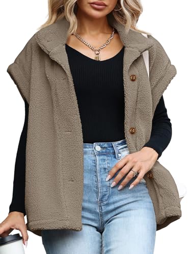 Tanakneo Womens Oversized Fleece Vest Sleeveless Fuzzy Sherpa Jacket Trendy Casual Button Down Warm Vests Outerwear