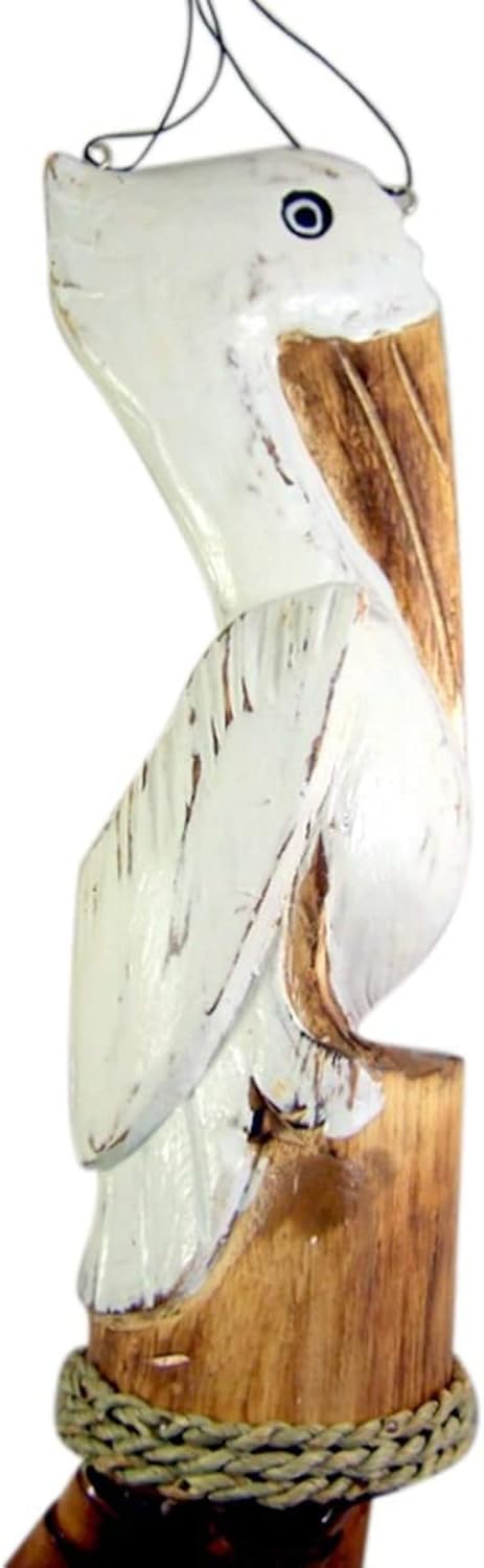 Distressed White Pelican on a Perch Windchime, Wooden Chimes, Outdoor Garden Décor, Coastal Theme, 45 Inches Tall