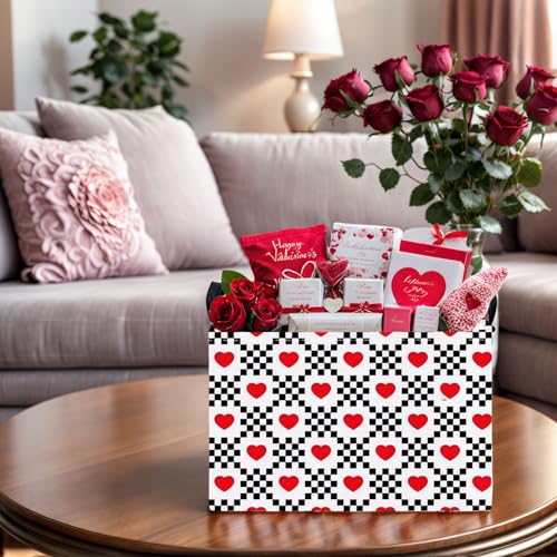 Image of Valentine's Day Basket for Gifts Empty Cute Heart Large Gift Basket Decorative Storage Bin for Kid and Baby Room Decor (Black and White Checkered Heart)