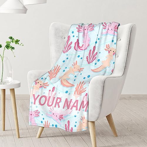 Girl Blanket - 30x40 Inches Personalized Cute Axolotl Throw - Light Blue Soft Fuzzy Blankets for Couch & Office