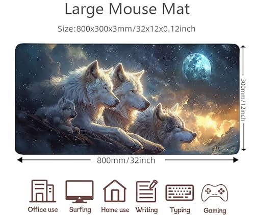 Loup Tapis de Souris XXL (800x300x3MM), EtImperméable Tapis de Souris Gamer Blanc Mouse Pad avec Bords Surpiqués Mousepad Avec Base en Caoutchouc Antidérapante Convient pour Salle de Jeux, Bureau -3X5 – vue 3