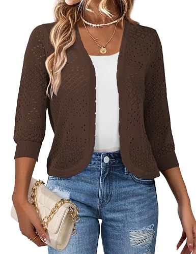 REDHOTYPE Women's 3/4 Sleeve Cardigan Open Front Cropped Shrugs Summer Hollowed Lightweight Cardigans Sweater,Coffee,Large