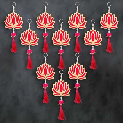 ZIG ZAG Pack of 10 Lotus Hangings for Diwali Decoration Floral Wall Hangings for Temple Wedding Festival and Christmas Decor (9 Inch x 4 Inch) Latkan Toran