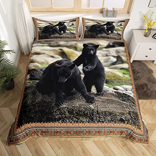 Black Bear Duvet Cover Retro Hunting Wild Animal Bedding Set King For Teens Boys Men,Indian Boho Aztec Comforter Cover For Rustic Lodge Cabin Room Decor 3D Bear Bed Sets With 2 Pillowcases #TOP2