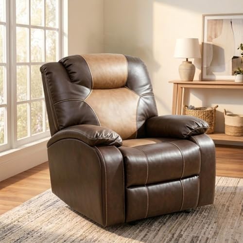 Image of Oversized Single Leather Manual Lounge Recliner Chair Bed, Brown