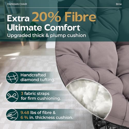 Image of Bme Ergonomic Wicker Papasan Chair with Soft Thick Density Fabric Cushion, High Capacity Steel Frame, 360 Degree Swivel for Living, Bedroom, Reading Room, Lounge, Smoky Quartz - Black Base