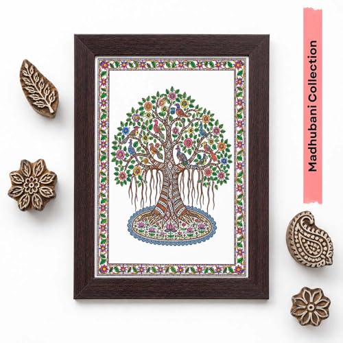 Image of PAPER PAJAMA Tree of Life Vastu Wall Art for Living Room | Madhubani Birds on Banyan Tree Painting | Traditional Mithila Folk Art Framed Decor for Home, Office & Bedroom (10x13 Inches)