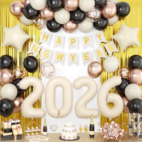 2026 Happy New Year Decorations Set Beige, White sand Black Gold 2026 ...