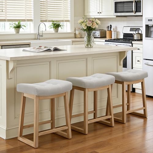 Image of Counter Height Bar Stools Set of 3, 24 Inch Backless Upholstered Counter Stools with Solid Rubberwood Legs, Modern Farmhouse Saddle Stools for Kitchen Island, Home Bar, Beige Linen Fabric