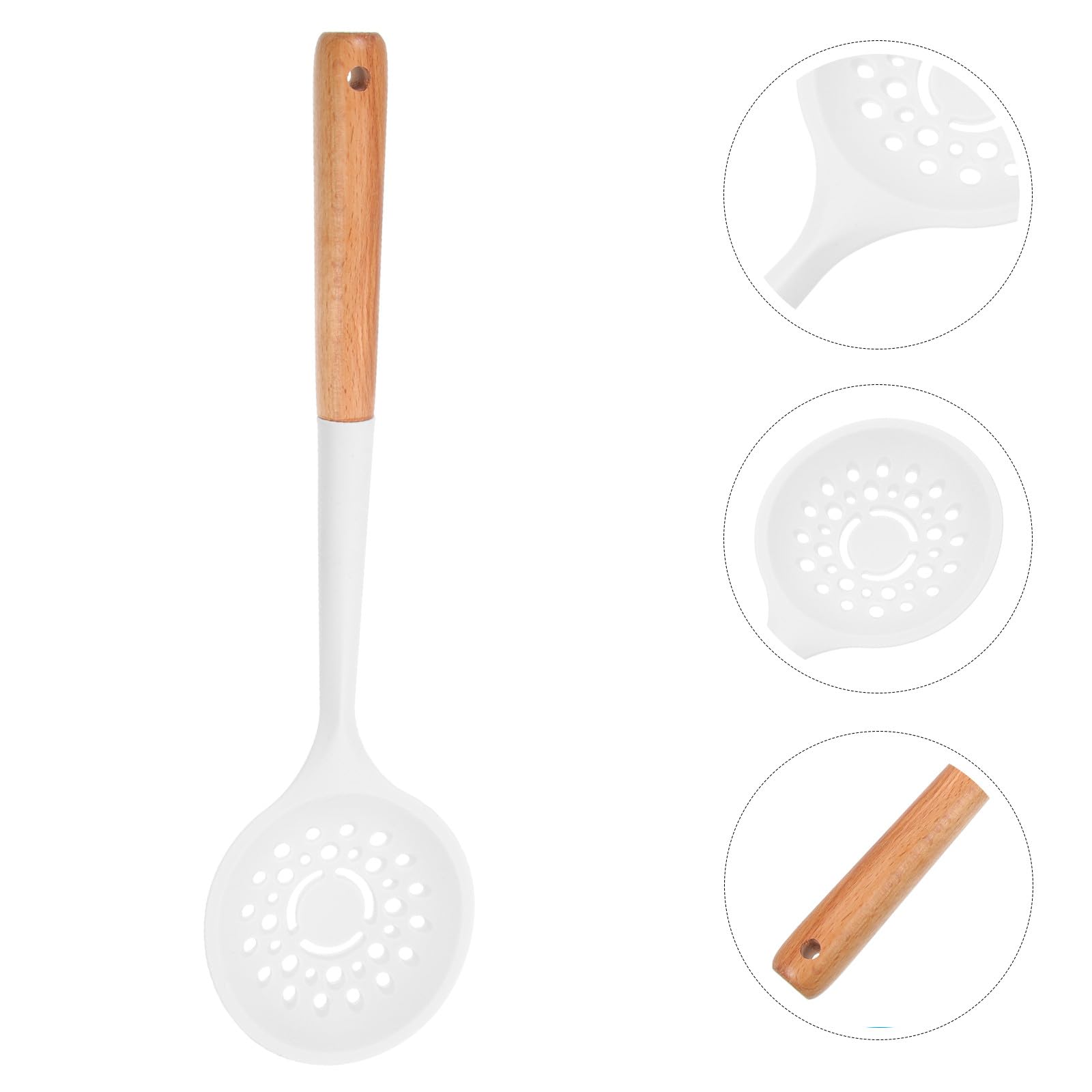 Schiumarola in Silicone Manico in Legno per Cucina Domestica | Colino Forato per Noodles e Brodi, Leggero e Resistente alla Corrosione, Utensile da Tavola per Uso Quotidiano