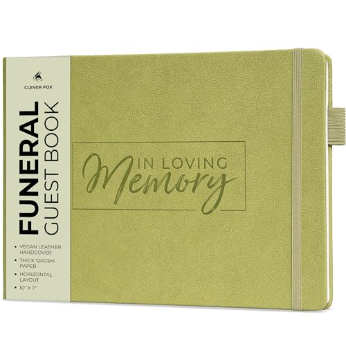 Image of Clever Fox Funeral Guest Book for Memorial Service w /Address, Olive | 10x7 in, 120 pages, Eco leather hardcover, Personalized celebration of life guestbook, Memory book & condolence register