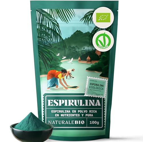 NaturaleBio Alga Espirulina Ecológica En Polvo 100g. Orgánica, Natural y Pura, Cultivada en regiones tropicales asiáticas. Ideal en bebidas y batidos, o recetas. Apto para vegetarianos y veganos.