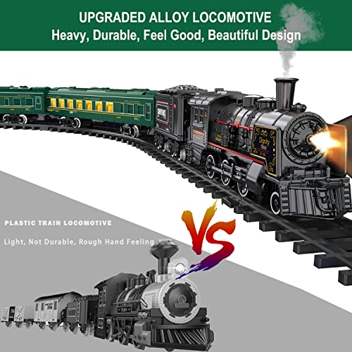 Electric Train Sets For Boys Girls Metal Alloy Christmas Trains Toys Steam Locomotive, Passenger Carriages, Tracks, Light & Sounds Rechargeable Birthday Gifts For Kids 3 4 5 6 7 8 + Years Old Green #TOP1