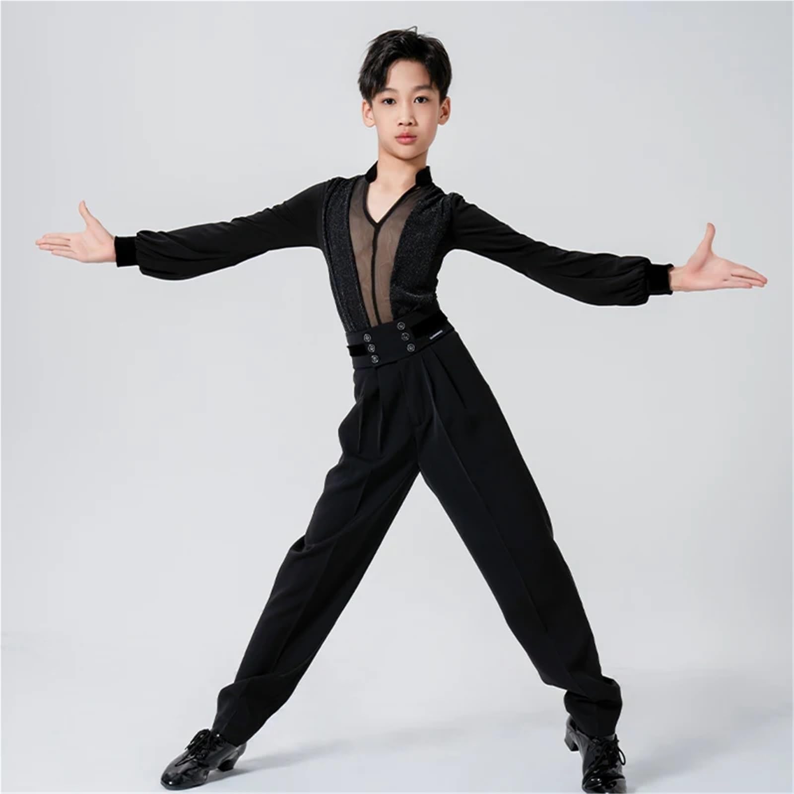 Latin Dance Costume Boy's Black Mesh V-Neck Tops Rumba Samba Practice Set Children's Ballroom Cha Competition Wear para Hombre, Salsa, Jazz, Danza(Black Tops-Pants,XXS)