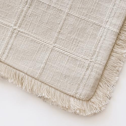Image of Foindtower Set of 2 Decorative Linen Check Fringe Throw Pillow Covers Farmhouse Vintage Cushion Covers Modern Boho Home Decor for Sofa Chair Couch Bedroom Living Room,18x18 Inch,Natural Beige