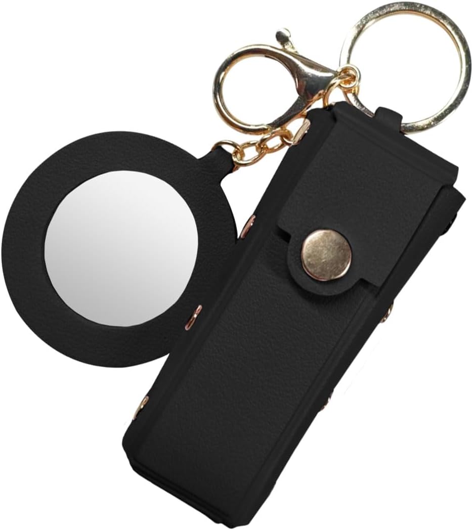 Car Lipstick Organizer Keychain, Portable PU Leather Auto Key Fob Holder with Lip Balm Storage Bag and Mini Mirror, Universal Vehicle Accessories for Women(Black)