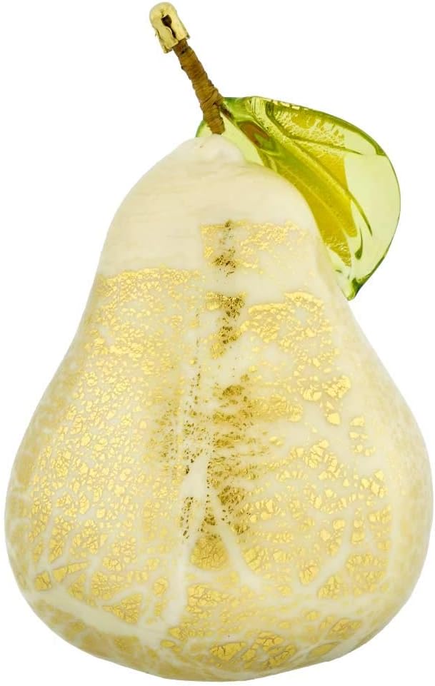 Glass Of Venice Murano Glass Pear Fruit Creamy White Gold Collectible Figurine for Kitchen Dining Room Home Decoration. Blown Glass Italian Handmade Gift