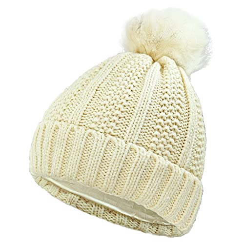SYAYA Gorro feminino com pompom, gorro de tricô forrado de cetim quente com pompom de pele sintética