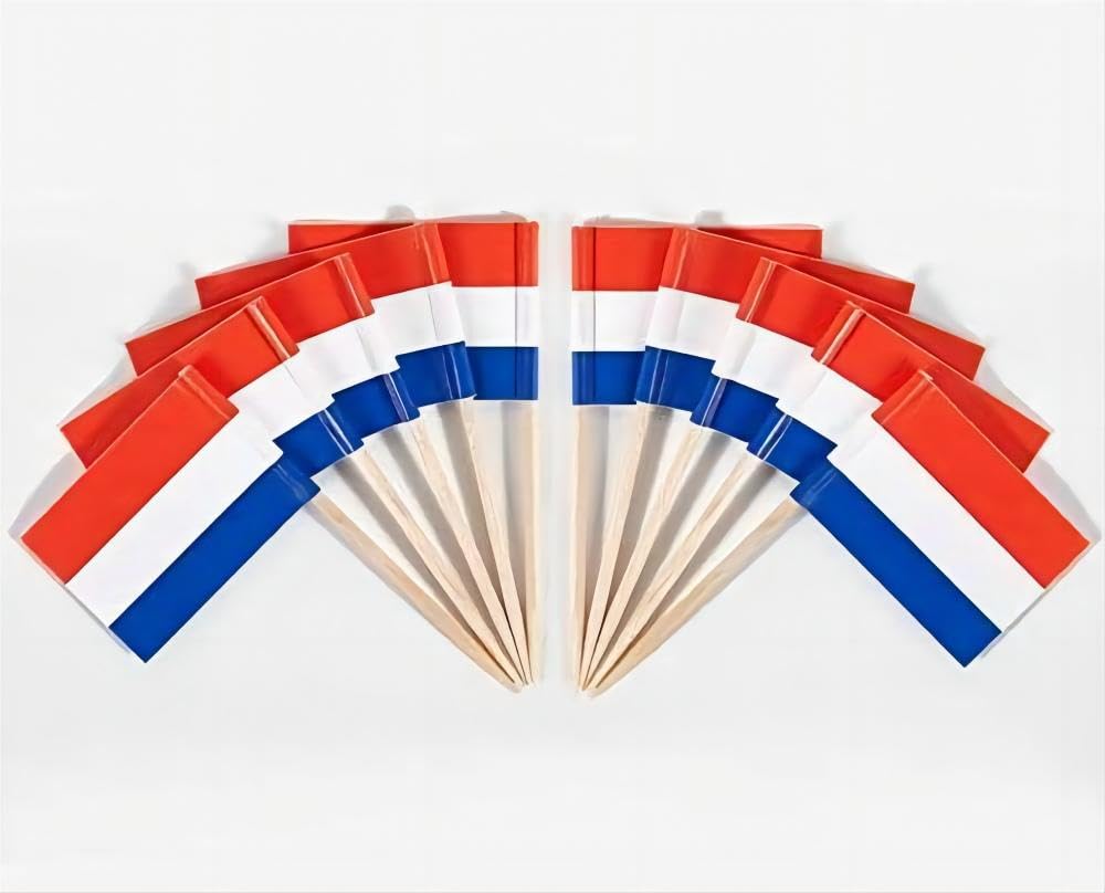 CYPS 100 Pcs Netherlands Flag Dutch Toothpick Flags, Small Mini Stick Cupcake Toppers Dutch Flags,Country Picks Party Decoration Celebration Cocktail Food Bar Cake Flags