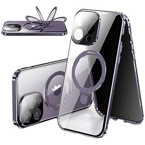 GOOVEN Anti-Peeping case for iPhone 14 Pro Max，with Lock Magnetic adsorption Magsafe Magnetic Ring Kickstand Tempered Glass Screen Protector Lens Cover Metal Frame（Gold） Cover