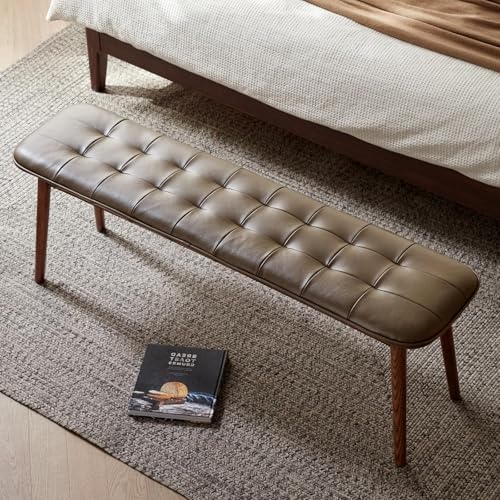 Brown Wooden Dining Bench with Leather Cushion - Versatile Upholstered Seat for Dining Room, Kitchen, Entryway & Shoe Storage | Quick 15-Minute Assembly Piano Bench