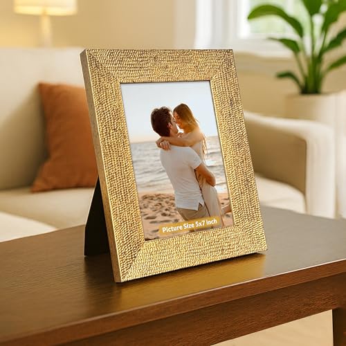 Image of Art Street Table and Wall Photo Frame Textured Picture Frames Picture Frame, Gold Metal Look for 5x7 Photos Tabletop Photos for Home Decor, Wood Photo Frames for Wall and Table Decoration 13x18 cm