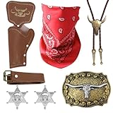 Accesorios para Disfraz de Vaquero del Oeste, Kit de Atuendo Cowboy - Bandana|Pistolera|Cinturón|Insignia de Sheriff|Collar|Hebilla de Bolo, para Fiestas de Disfraces Hippie Disc Carnaval (Marrón)