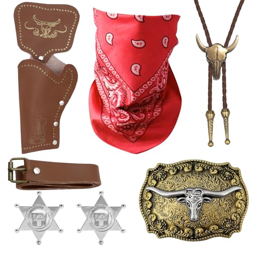Cowboy Costume Accessoires Set, Deguisement Cowboy Cosplay Costume Set - Bandana|Etui |Ceinture|Badge de Shérif|Cravate Collier|Boucle de Ceinture, pour Soirée à Thème Hippie Carnaval Cosplay (Brun)