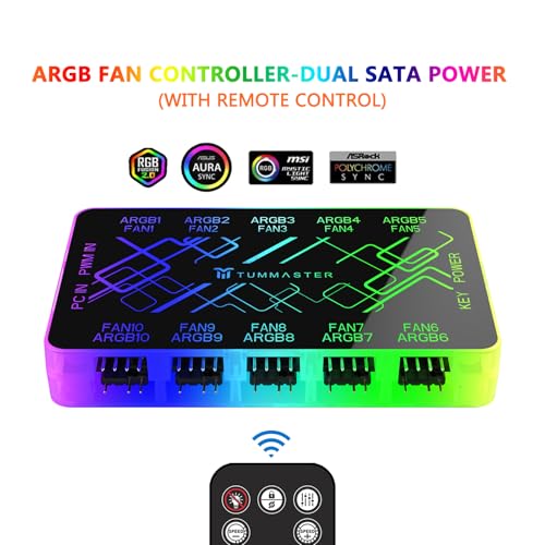 Dual SATA ARGB Fan Controller - 4 Pin PC Hub With Magnetic Suction RF Remote & Chassis Key Control - Supports 10 PWM Fans Splitter 5V/12V for PC Building - Image 6