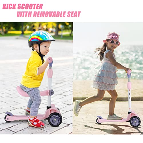 Wheelive 2 In 1 Kick Scooter With Removable Seat, 3 Led Wheels Kick Scooter For Kids, 4 Adjustable Height & Foldable Design Toddler Scooters Sit Or Stand Ride For Boys & Girls 2-8 Years Old（Pink） #TOP5