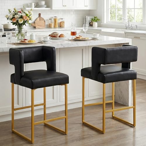 Image of Counter Height Bar Stools Set of 2, Black Lether Bar Chair Gold Leg