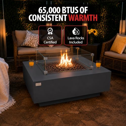 Image of AMS Creations | Brooklyn 40 inch Bundle Square Propane Gas Outdoor Fire Pit Table | Dark Gray Concrete GFRC Smooth Texture Surface Fire Pit Table