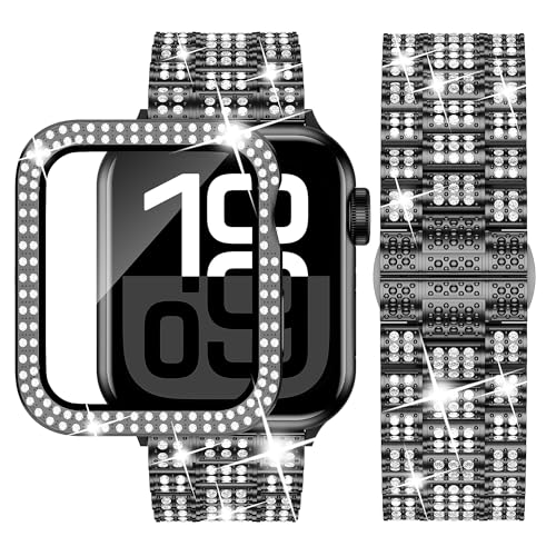 iiteeology Designed for Apple Watch Bands 41mm, Bling Diamond Case Band Kit Luxury Rhinestone Strap Series 9 8 7 for Women, Black