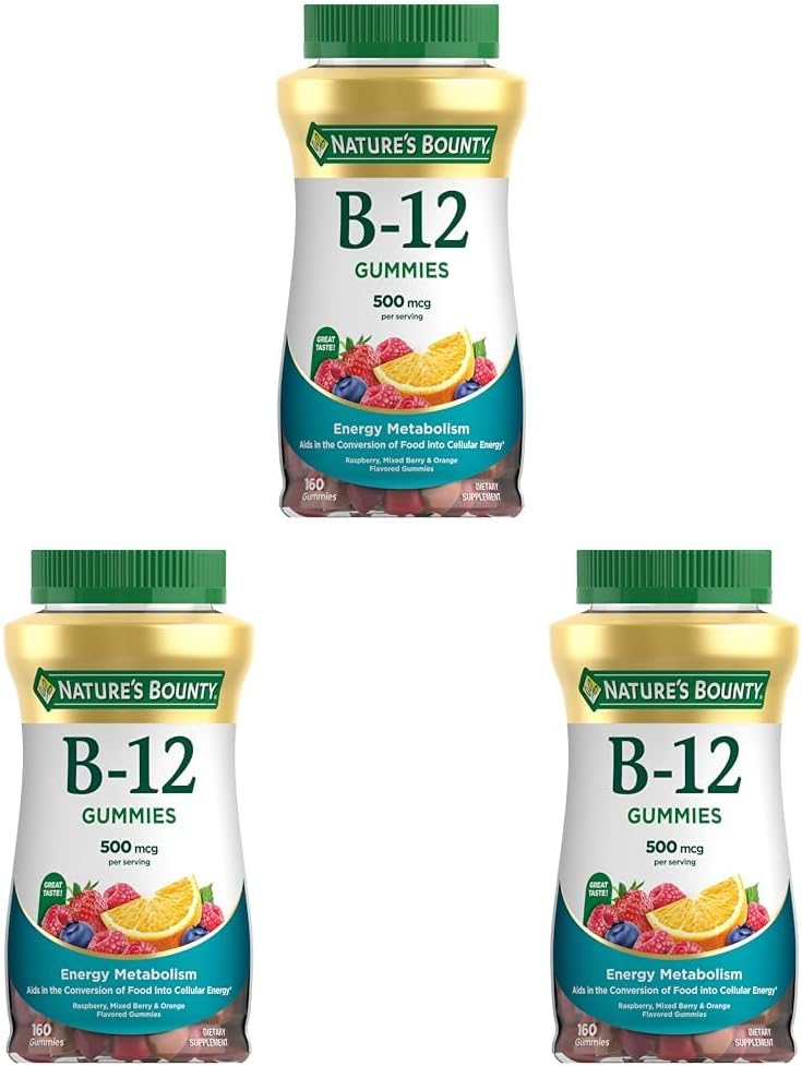 Nature's Bounty Vitamin B12 Gummies, Dietary Supplement, Supports Energy Metabolism and Nervous System Health, Mixed Berry Flavor, 500mcg, 160 Count (Pack of 3)