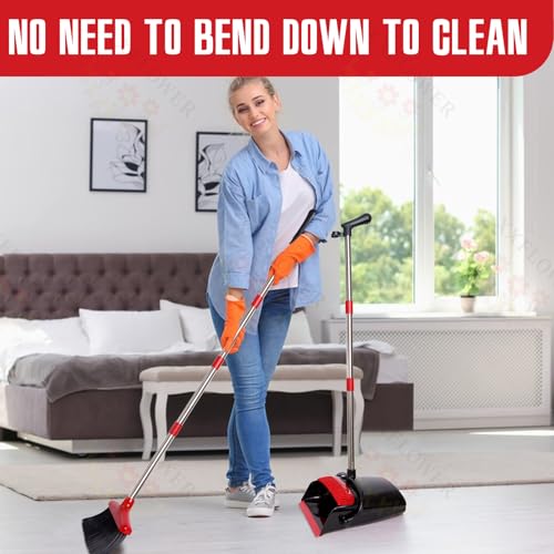 Image of Broom and Dustpan Set,54.72 inchLong Handle,Standing Dustpan,Black&Red | Light Weight Stainless Steel Poles,Upright Dustpan with Broom Combo,for Home Kitchen Office Pet Dog Hair