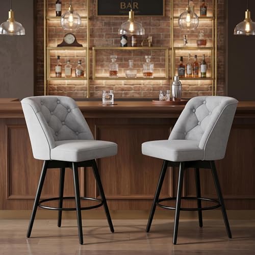Set de 2 Butacos Modernos Giratorios de Barra - Sillas de 26'' con Respaldo - Tapizado en Lino Gris Claro, Asiento Cómodo, Reposapiés de Hierro Resistente - Ideal para Isla de Cocina y Bar Hogareño miniatura 6