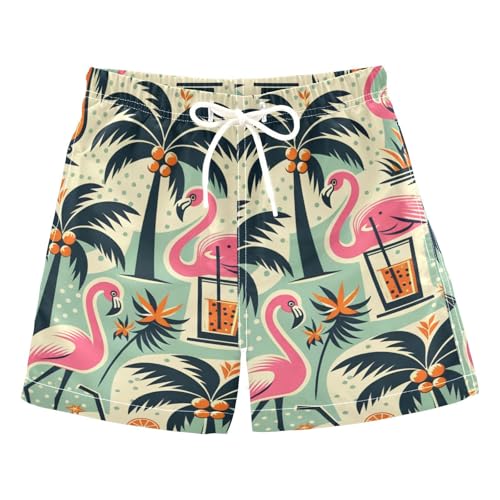 FLildon Tropical Trees Flamingos Drinks Boys Swim Trunks with Mesh Lining Quick Dry Beach Board Shorts, 4T