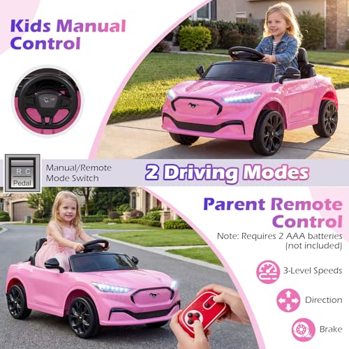 Image of Costzon Ride on Car, 12V Licensed Ford Mach E Kids Electric Vehicle with Parent Control, LED Lights, Horn, Music, Wireless Connection & Spring Suspension, Kids Car Toy for Girls Boys (Pink)