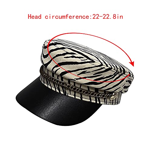Felite Fnn Women Zebra Stripes Faux Leather Newsboy Cap Visor Flat Top Sailor Fiddler Bakerboy Hat Army Cap #TOP4