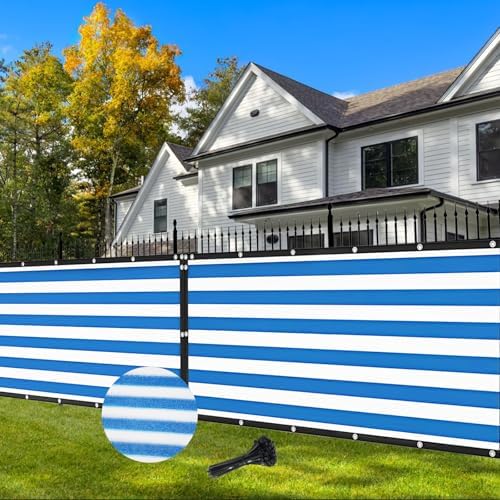 Fence Privacy Screen 3×10FT Heavy Duty Privacy Fence Covering with Grommets & Zip Ties - Outdoor Fence Screen for Patio, Balcony, Deck, Garden, Backyard, Wall Decoration - Blue-White Stripes Design