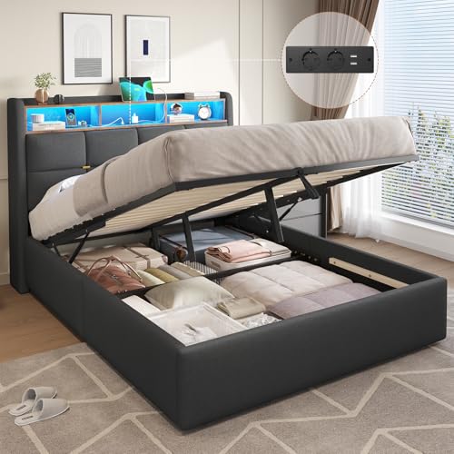 DICTAC Cadre de Lit 140 x 190 avec Sommier et Rangement,Lit Coffre140x190 avec Lumières LED et Prise,lit 2 Personnes 140x190 avec Tete de lits,Lits Rembourré en Lin...