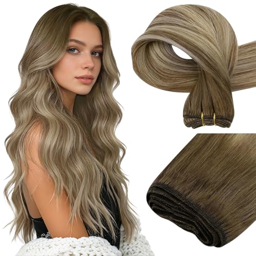 Image of Easyouth Weft Hair Extensions Balayage Hair Extensions Sew in Dark Brown to Light Brown Ombre with Blonde Soft and Smooth Weft Hair Extension Real Human Hair 18 Inch 100G