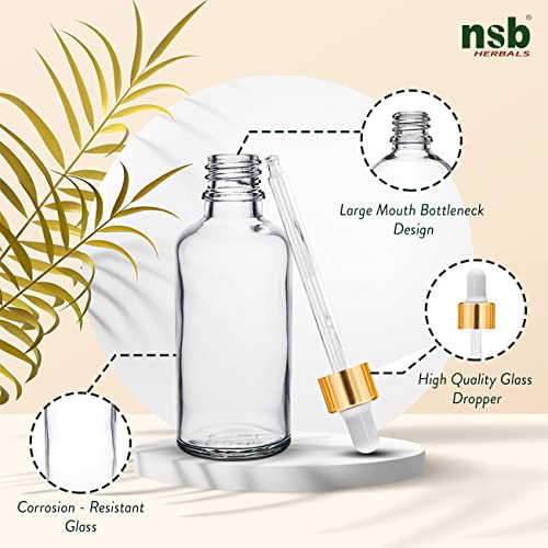 Image of nsb herbals 50 ML Clear /Transparent Round Empty Glass Bottle + Glass Dropper + Gold Ring + Silcon White Teat, Refillable, Leak Proof For Essential Oils, Perfumes (Pack of 24)
