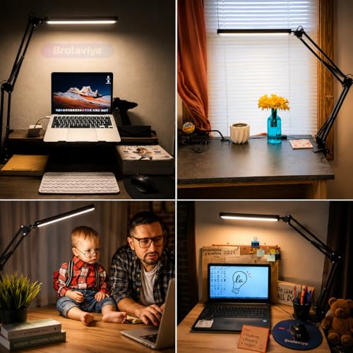 Image of BROLAVIYA Overhead LED Desk Lamp Light with Metal arm Stand,3 Lighting Modes,360 Degree Spin for Home Office,Desktop,Bedroom,Reading, Study lamp etc