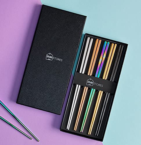 EMRSTORES Stainless Steel Chopsticks - Multicolor Reusable Chopsticks - 5 Pairs Dishwasher Safe Metal Chopsticks - Easy to Use - Square Lightweight Chop Sticks - Gift Set - Thumbnail 2