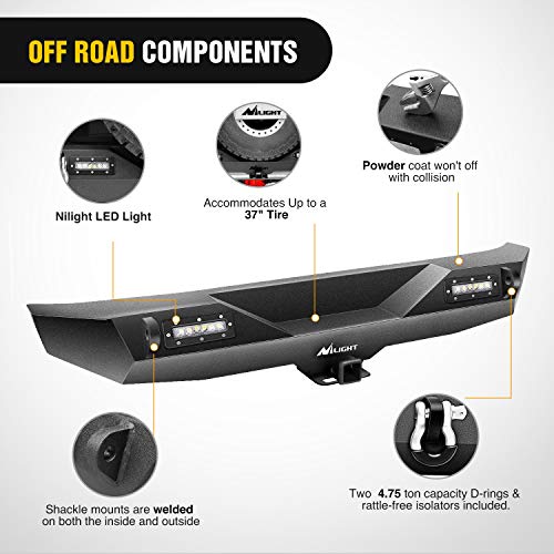 Image of Nilight Front + Rear Combo Compatible for 2007-2018 Jeep Wrangler JK,Rock Crawler Bumper with Hitch Receiver & Nilight Upgraded LED Lights Off Road Textured Black