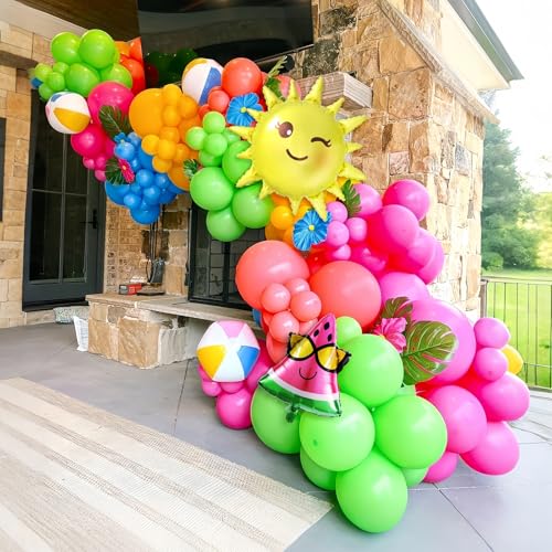 Image of 134Pcs Tropical Summer Beach Pool Party Balloon Garland Arch Kit,with Inflatable Beach Balls,Watermelon,Sun Foil Balloons for Hawaiian Luau Birthday Graduation Party Decorations - Hot Pink Yellow Blue