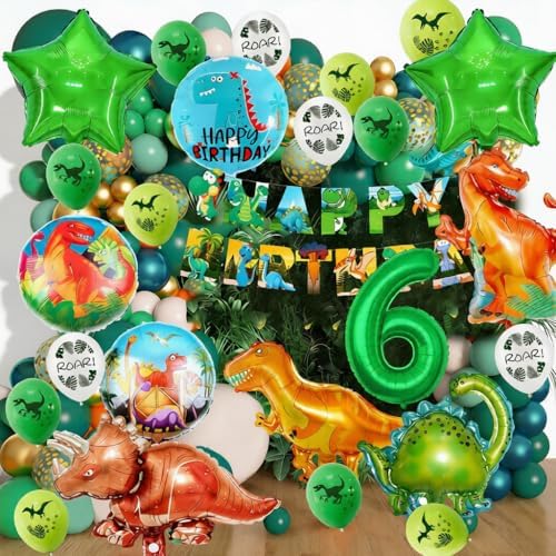 Dinosaur 6th Birthday Party Decorations for Boys Girls, Foil Green Star Number 6 Dinosaur Balloons with Happy Birthday Banner Hanging Swirls for Dino Party Supplies