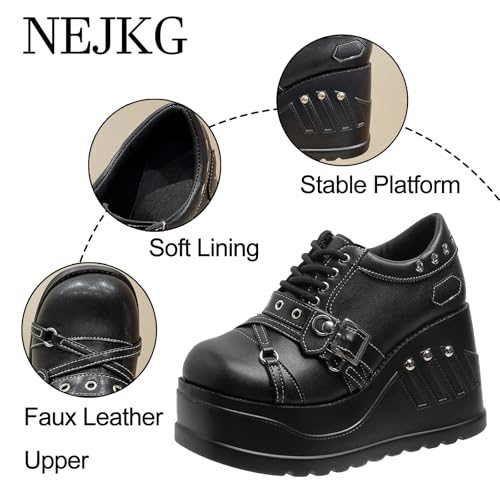 Women's Leather Low Top Wedge Gothic Booties Comfort Round Toe Lug Sole Platform Lace Up Rave Boots Fashion Buckle Breathable Party Punk Ankle Boots3
