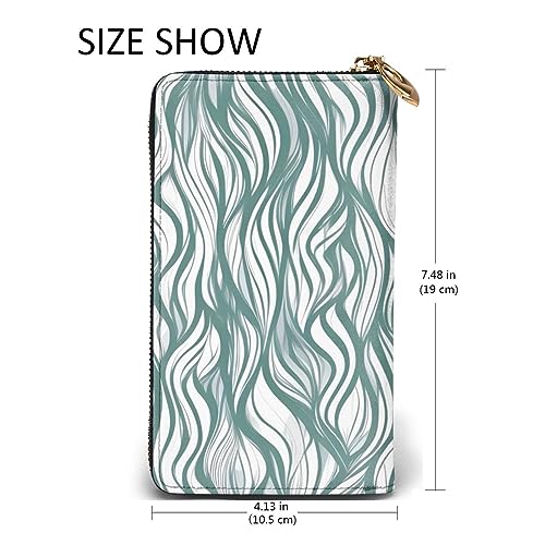 Green wavy stripe Women's Wallet Long Zip Around, Premium Vegan Leather Wallet with 12 Card Holders, Large Capacity,Gift Ready Packaging3